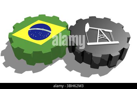Connexion des roues motrices. Icône de pompe à huile et drapeau du Brésil sur les engrenages. Concept d'industrie lourde et minière. Rendu 3D. Banque D'Images