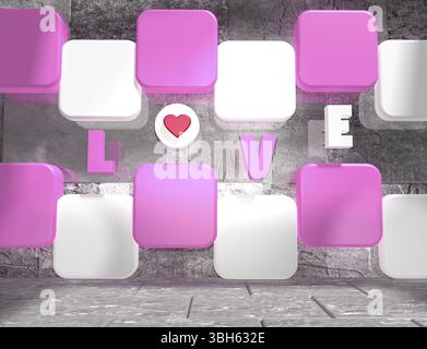 Contexte relatif à la Saint-Valentin. Texte d'amour sur des boîtes roses et blanches dans une pièce de béton vide. Rendu 3D. Banque D'Images