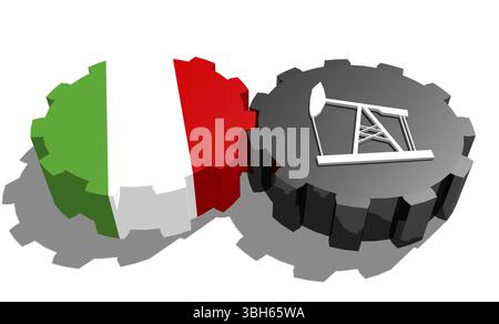 Connexion des roues motrices. Icône de pompe à huile et drapeau italien sur les engrenages. Concept d'industrie lourde et minière. Rendu 3D. Banque D'Images