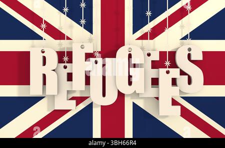 Image par rapport à la migration de l'Afrique à l'Union européenne. Texte réfugiés suspendu par des barbelés. Pavillon britannique historique Banque D'Images