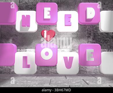 Contexte relatif à la Saint-Valentin. Besoin de texte d'amour sur des boîtes roses et blanches dans une pièce de béton vide. Rendu 3D. Banque D'Images