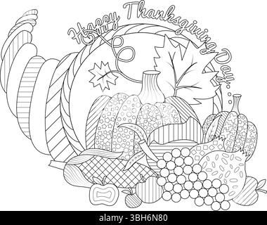 Illustration d'art au trait noir et blanc représentant un cornucopia rempli d'articles de récolte comme des citrouilles, des raisins, des pommes et du maïs. Joyeux jour de Thanksgiving Illustration de Vecteur