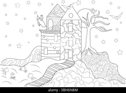 Illustration d'art de ligne noir et blanc d'une maison hantée effrayante sur une colline. Les caractéristiques comprennent une maison effrayante avec un escalier en colimaçon, un arbre mort, flyin Illustration de Vecteur