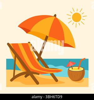 Scène de plage. Illustration d'été vectorielle plate Illustration de Vecteur