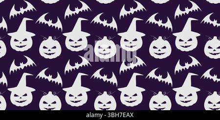 Silhouettes à main levée citrouilles d'Halloween et motif sans couture de chauve-souris blanc sur fond de violette foncé. Illustration vectorielle Halloween Party fond festif cartes thématiques, affiches, dépliants, bannières Illustration de Vecteur