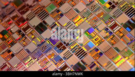 Gros plan d'une plaquette semi-conductrice en silicium. En électronique, une plaquette aussi appelée tranche ou substrat est une fine tranche de semi-conducteur, un silicium cristallin Banque D'Images
