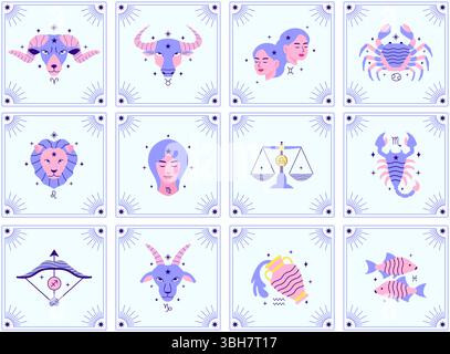 Collection de cartes de tarot avec signes du zodiaque Illustration de Vecteur