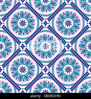Motif sans couture de carreaux de mosaïque circulaire avec motifs floraux stylisés Illustration de Vecteur