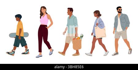 Divers gens décontractés marchant vue latérale isolée Illustration de Vecteur