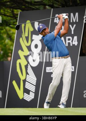 Gainesville Virginie, États-Unis. 87 juin 2025. Anirban Lahiri, de Crushers GC, s’est lancé sur le 3e trou lors de la dernière ronde du LIV Golf Virginia sur le parcours Robert Trent Jones à Gainesville, Virginie. Justin Cooper/CSM/Alamy Live News Banque D'Images
