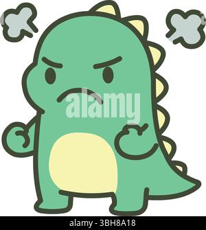 Dinosaure vert en colère avec les poings serrés et les nuages de vapeur, exprimant la frustration Illustration de Vecteur