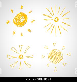 Soleils dessinés à la main. Ensemble de quatre soleils d'esquisse simples. Symbole solaire. Doodle jaune isolé sur fond blanc. Illustration vectorielle. Illustration de Vecteur