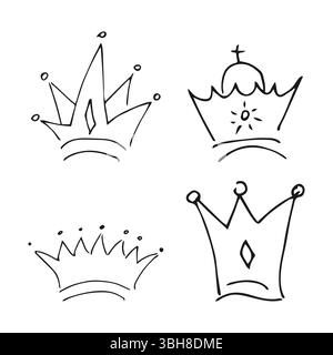 Couronnes dessinées à la main. Ensemble de quatre couronnes de reine ou de roi de graffiti simples. Couronnement impérial royal et symboles monarques. Pinceau noir doodle isolé Illustration de Vecteur