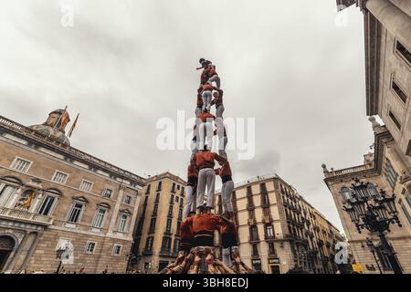 Barcelone, Espagne. 8 juin 2025. Les 'Castellers de Barcelona' construisent une tour humaine lors de la 'diada Castellera' pour leur 56e anniversaire crédit : Matthias Oesterle/Alamy Live News Banque D'Images