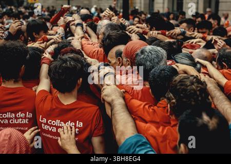 Barcelone, Espagne. 8 juin 2025. Les 'Castellers de Barcelona' construisent la base d'une tour humaine pendant la 'diada Castellera' pour leur 56e anniversaire crédit : Matthias Oesterle/Alamy Live News Banque D'Images