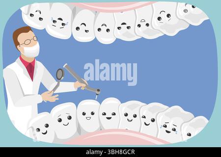 Illustration plate isométrique 3D de l'examen des dents, dentiste examinant les dents avec des instruments Banque D'Images
