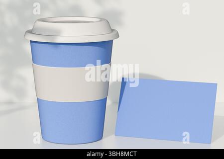Tasse à café jetable bleue avec couvercle et carte bleue vierge sur fond blanc. rendu 3d. Banque D'Images