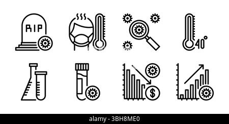 Jeu d'icônes symptômes de santé, diagnostic et recherche. Icônes fièvre, tube à essai et diagramme de données. Essentiel pour les tests médicaux, l'analyse et le suivi des maladies Illustration de Vecteur