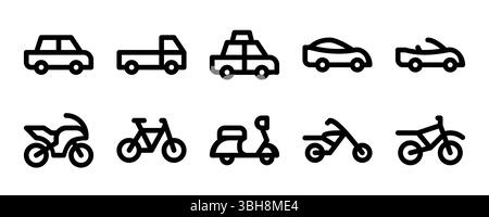 Un ensemble polyvalent d'icônes pour le transport terrestre personnel et léger. Idéal pour les applications, les cartes, l'automobile et les projets de style de vie couvrant les voitures, la motorisation Illustration de Vecteur