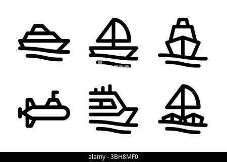 Un ensemble diversifié d'icônes pour le transport par eau. Idéal pour les agences de voyages, les projets maritimes et les plates-formes logistiques couvrant les navires, les bateaux et les submar Illustration de Vecteur