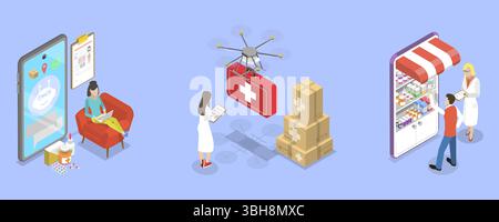 Illustration plate isométrique 3D des services médicaux, technologies de la santé Banque D'Images