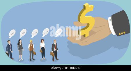 Illustration plate isométrique 3D de l'emploi et de la rémunération, la main de grand homme d'affaires donnant de l'argent aux personnes en ligne Banque D'Images