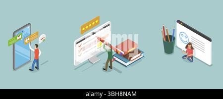 Illustration plate isométrique 3D de l'enquête en ligne, de l'expérience client et de la satisfaction Banque D'Images