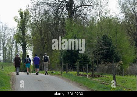 Groupes de promeneurs dans la campagne autour de celles, l'un des plus beaux villages de Wallonie. Promenade entre amis | groupes de marcheurs dans le co Banque D'Images
