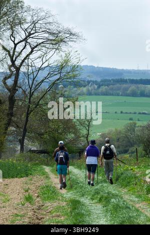 Groupes de promeneurs dans la campagne autour de celles, l'un des plus beaux villages de Wallonie. Promenade entre amis | groupes de marcheurs dans le co Banque D'Images