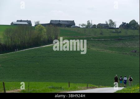 Groupes de promeneurs dans la campagne autour de celles, l'un des plus beaux villages de Wallonie. Promenade entre amis | groupes de marcheurs dans le co Banque D'Images