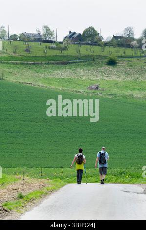 Groupes de promeneurs dans la campagne autour de celles, l'un des plus beaux villages de Wallonie. Promenade entre amis | groupes de marcheurs dans le co Banque D'Images