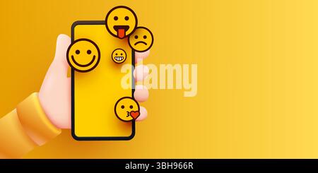 Émoticônes de téléphone à main levée. Discuter avec des amis et envoyer de nouveaux messages. Design coloré de l'écran du smartphone. Illustration vectorielle Illustration de Vecteur