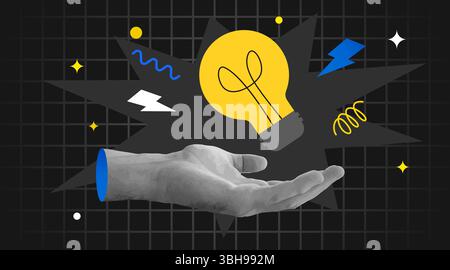 Collage rétro. Ampoule d'éclairage de la poignée. Brainstorming ou concept d'idée. Illustration vectorielle Illustration de Vecteur