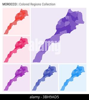 Collection de cartes du Maroc. Forme de pays avec régions colorées. Violet foncé, rouge, rose, violet, indigo, palettes de couleurs bleues. Illustration de Vecteur