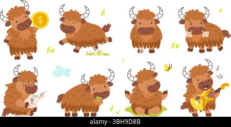 Personnages Yak. Les yaks de bande dessinée isolés jouent de la musique, lisent le journal, courent. Animal détient la pièce d'or, taureau d'affaires. Animaux drôles, ensemble vectoriel de nos jours Illustration de Vecteur