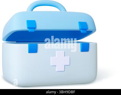 Icône 3D du coffre de premiers soins. Boîte à médicaments pour médicaments d'urgence au bureau, à la maison ou au transport. Conteneur ouvert en plastique vide, médical réaliste Illustration de Vecteur