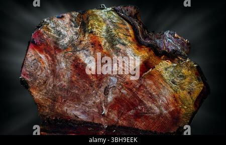 Souche sciée d'un gros arbuste modifiée pour ressembler à un bloc de bois pétrifié Banque D'Images