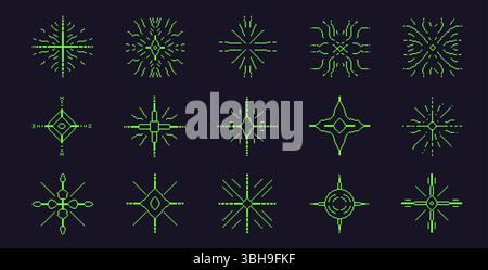 Pixel art étincelle les étoiles. formes de contour vertes 8 bits. Icônes de feu d'artifice magique dans le style rétro des années 90. Décoration de Noël scintillante. Scintillement de l'an 2000. VI Illustration de Vecteur