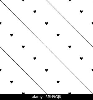 Coeurs et bandes diagonales, motif noir blanc sans couture illustration vectorielle dessinée à la main, texture décorative de petits coeurs et lignes, minima simples Illustration de Vecteur