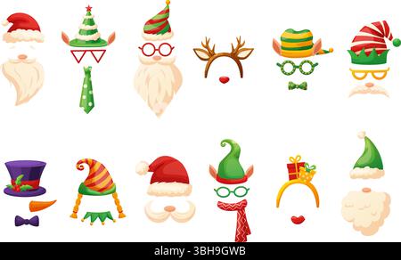 Masques de Noël. Chapeaux d'elfe bonhomme de neige Santa et masque pour cabine photo. Bandeau renne, moustache et barbes. Accessoires de fête du nouvel an, vecteur de nos jours Illustration de Vecteur