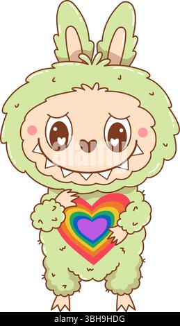Mignon Monster Toy Labubu debout avec le cœur lgbt arc-en-ciel. Dessin animé personnage kawaii drôle. Communauté LGBTQ. Le mois de la fierté des fêtes. Illustration vectorielle Illustration de Vecteur