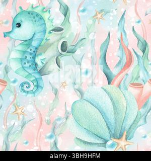 Illustration pour enfants dans le thème marin modèle sans couture avec caractère hippocampe, algues, coquillage, étoiles et bulles. Aquarelle isolée sur rose tendre Banque D'Images