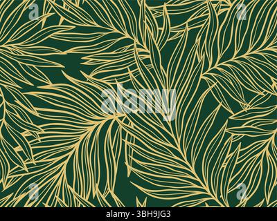 Élégant motif de feuille de palmier tropical dans le style de contour d'or sur fond vert profond, illustration vectorielle pour un design floral sophistiqué et élégant Illustration de Vecteur