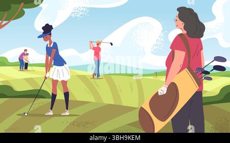 Les gens sur le terrain de golf. Golfeur jouer putt stick frappé balle de golf club parcours paysage herbe d'été fond d'herbe, homme avec sac de panier joueur professionnel bannière Classy illustration vectorielle illustration originale Illustration de Vecteur