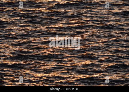 Gros plan d'une surface d'eau sombre avec des reflets dorés du coucher du soleil. Texture abstraite des vagues reflétant la lumière chaude du soir. Banque D'Images