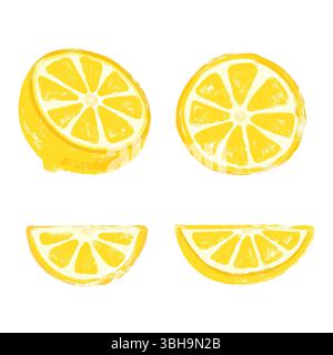 Grunge Brush Stroke fruits ensemble citron. Pinceau grungy créatif peint citrons, demi-fruits citron et tranches de citron. Citrons frais pour jus et Banque D'Images