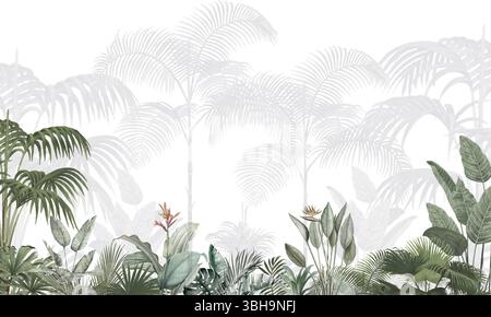 Décor nature paisible : subtil vert plantes tropicales motifs sans couture Banque D'Images