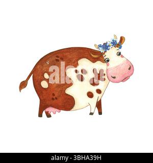 Vache tachetée rouge debout dans une couronne de fleurs sauvages. Illustration aquarelle, dessinée à la main, dessin animé. Sticker design, impression, livre pour enfants. vache Banque D'Images