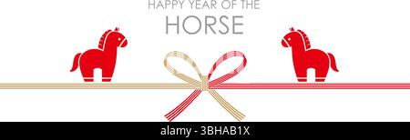 L'année du modèle de carte du nouvel an de vecteur de cheval avec symbole du zodiaque et Vintage Mizuhiki - cordes de décoration japonaise. Illustration de Vecteur