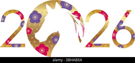L’année 2026, année du cheval, symbole de voeux du nouvel an décoré de motifs vintage japonais. Illustration vectorielle. Illustration de Vecteur